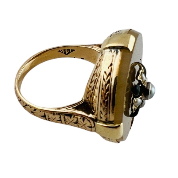 Vintage 14K Yellow Gold Round Black Onyx Seed Pearl Ring #16001 - Picture 7 of 11